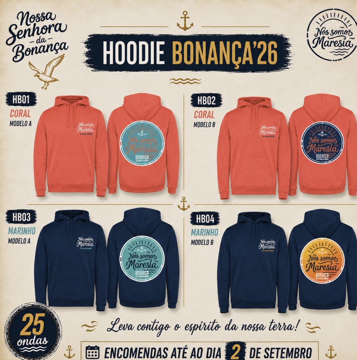 Hoodie Bonança ’26 — quatro modelos: HB01 e HB02 em coral, HB03 e HB04 em marinho