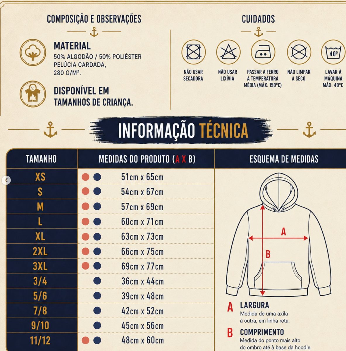 Tabela de medidas da hoodie, do XS ao 3XL e tamanhos de criança 3/4 a 11/12