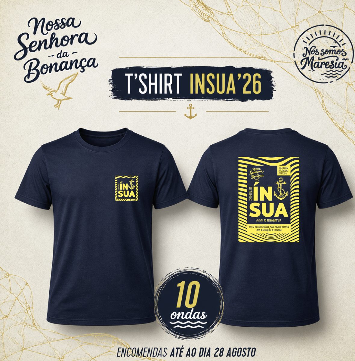 T-shirt Ínsua ’26 em azul marinho com estampado amarelo