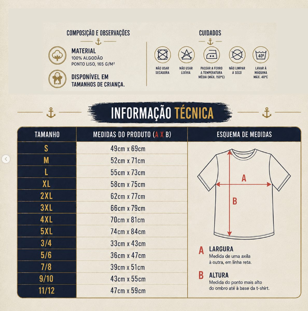 Tabela de medidas da t-shirt, do S ao 5XL e tamanhos de criança 3/4 a 11/12